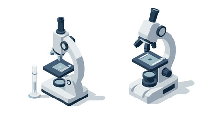 Modern isometric microscopes with laboratory equipment on white background