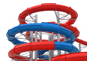 Closeup view of a red and blue water slide structure against a transparent background, isolated on transparent background