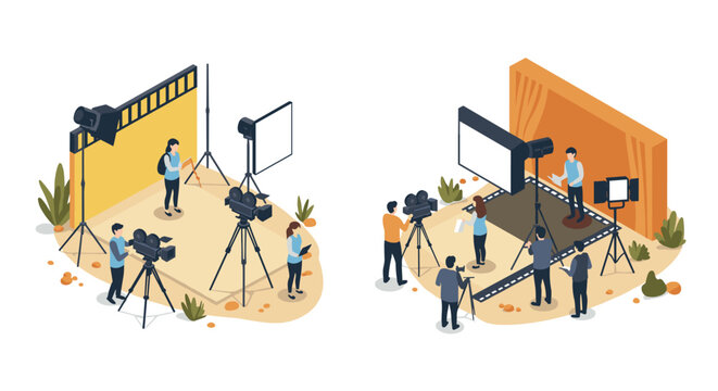 Film production scenes with crew members and equipment in isometric style