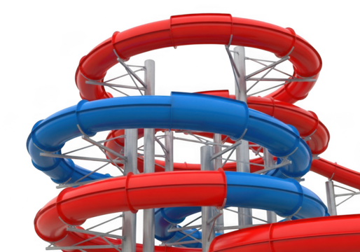 Closeup view of a red and blue water slide structure against a transparent background, isolated on transparent background
