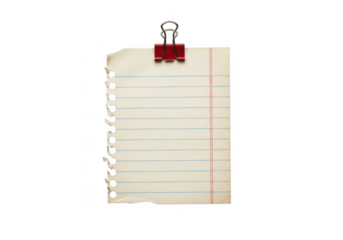 A torn piece of lined paper, held by a red binder clip, isolated on a transparent background