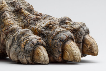Obraz premium Intimidating dinosaur foot with powerful claw. scaly skin of prehistoric reptile shows immense strength pressing
