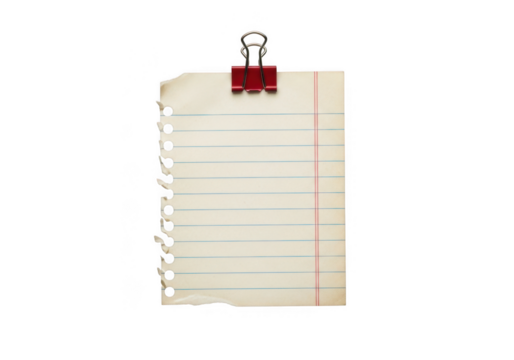 A torn piece of lined paper, held by a red binder clip, isolated on a transparent background