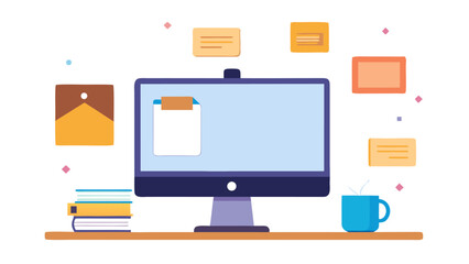 Modern desk setup with computer books and coffee