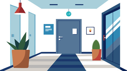 Modern office corridor with plants and doors