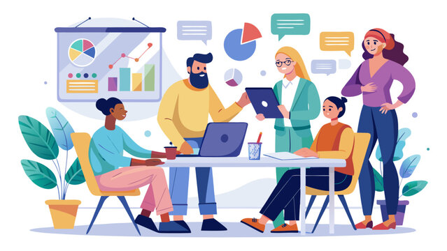 Diverse team collaborating on a business project with charts and data