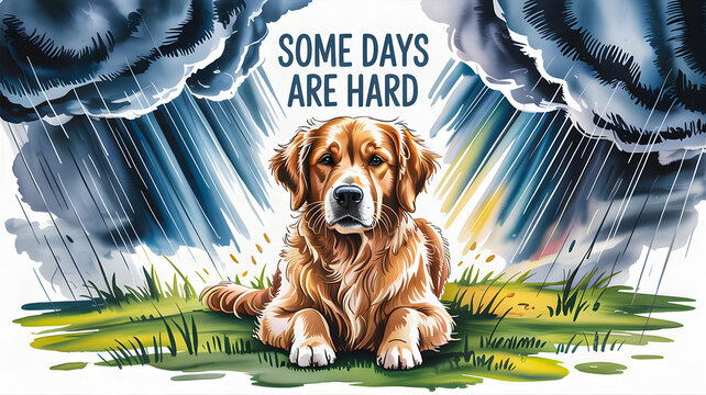 Sad dog in stormy weather with emotional illustration