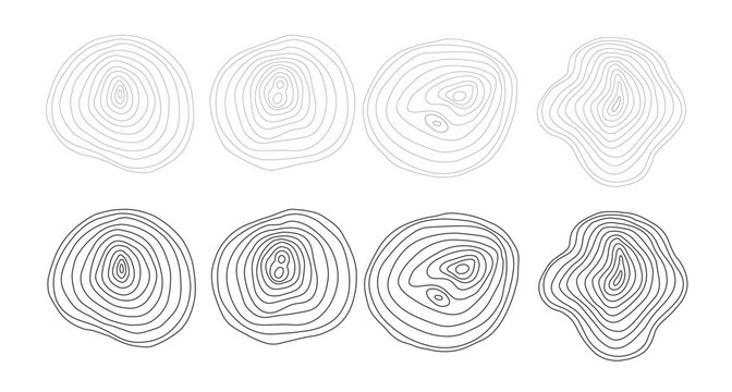 Abstract tree rings set and saw cut tree trunk icon doodle hand drawn. Outline wood circle line drawing clipart symbol. Vector illustration. Editable line thickness