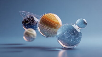 A collection of ethereal, cosmic spheres resembling planets, floating against a soft blue background, creating a mesmerizing celestial scene.