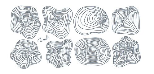 Hand drawn Circular wood concentric annual rings or topographic map line texture set. Wood tree topographic abstract lines collection flat style design. Linear vector illustration contour design.