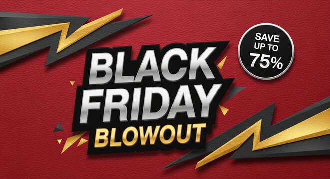 Graphic of Black Friday blowout sale with red textured background, black and gold abstract shapes, and discount information, representing shopping event