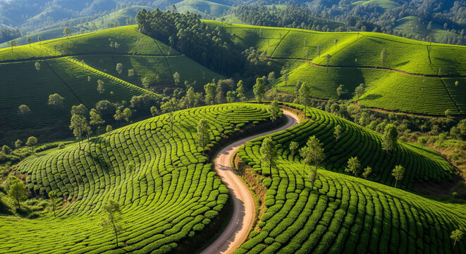 Aerial drone shot of a narrow mountain road weaving through a misty dense forest with soft sunlight filtering through tall green trees and creating dramatic natural patterns across the landscape - Powered by Adobe