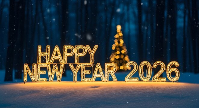 Happy new year 2026 illuminated sign in snowy winter forest