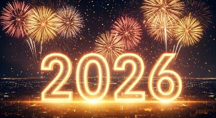 Spectacular fireworks display over cityscape celebrating the year 2026