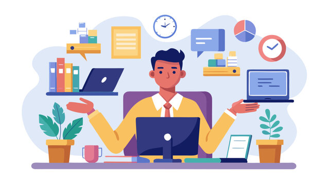 Man juggling multiple tasks and devices at his desk - Powered by Adobe