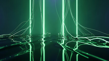Abstract green light trails reflecting on water surface background