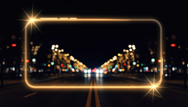 Blurred city street inside glowing rectangle, ideal for urban backgrounds or abstract concepts in design, advertising, or social media.