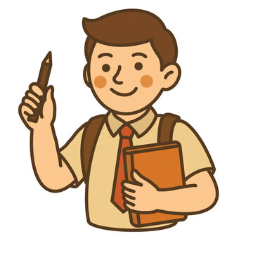 Hand draw cute student holding book and pencil illustration