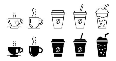 Fototapeta premium Assortment of hot and cold drink icons, showcasing outlined and solid black designs for various tea, coffee, and frappe beverages, vector art