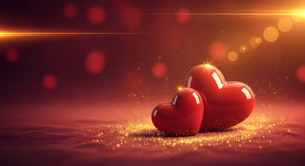 Two red hearts glowing with warm light and bokeh effect