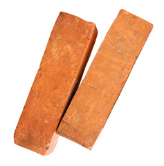 Side view of two cracked old red or orange bricks in stack isolated on white background with clipping path