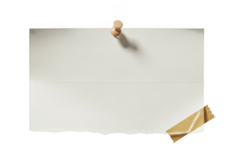 A blank piece of paper with a torn edge, held by a wooden thumbtack and a strip of tape, isolated on a transparent background