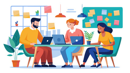 Diverse team collaborating on laptops in a modern office setting