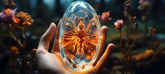 A cocoon , a small creature made of glass that is sitting in the palm of your hand ,generative AI