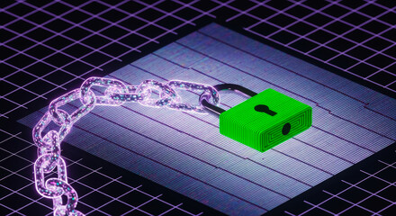 Digital data security visualized through a glowing chain connected to a padlock, set against a grid-like background, showcasing the concepts of safety and encryption.