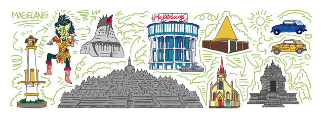 vector set of landmark cities, monuments, and transportation.