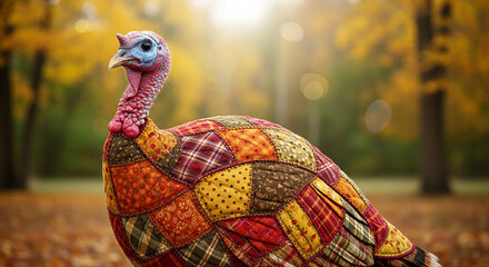 Close-up of a turkey covered in patchwork fabric in an autumn forest, representative of harvest time, Thanksgiving, and festive celebration