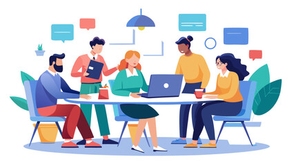 Diverse team collaborating around a table with a laptop