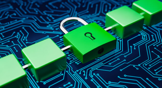 A digital security concept is illustrated in the close-up, showcasing a lock positioned in front of chain of interconnected block with circuit board design in the background.