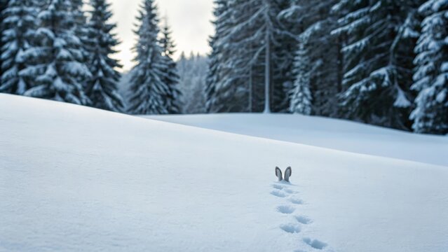 Hare footprints in fresh snow across a wintry landscape