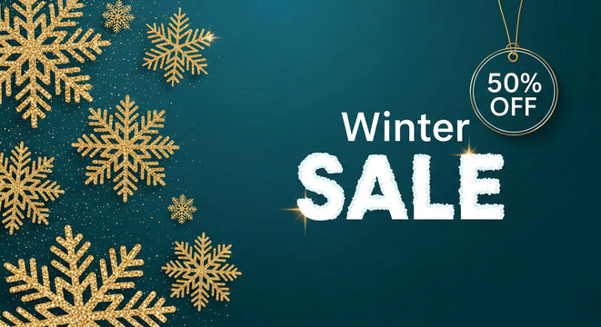 Golden snowflake on dark teal background with "Winter Sale" text and "50% Off" tag. Representative of promotional campaign, Christmas or winter shopping
