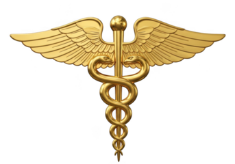 Golden caduceus symbol with wings and snakes, isolated on transparent background