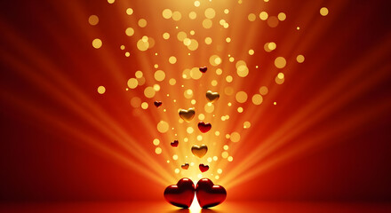 Two red hearts exploding with golden light and hearts
