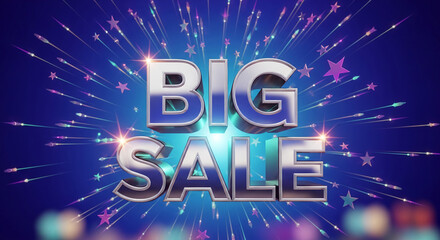 Image with metallic letters "Big Sale" on blue radial burst background with stars, representing promotion, discount, and offer for business purposes