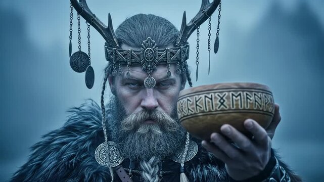 Man holding a wooden bowl with runes. Pagan tribal shaman with antlers and metal ornaments for Yule winter solstice.
