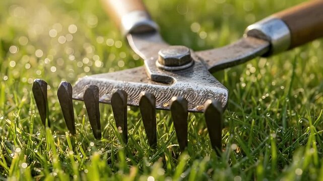 A close-up shot captures a sturdy, metallic gardening hand rake with a wooden handle resting gently on lush, vibrant green grass. The scene is illuminated by warm morning sunlight, causing countless s