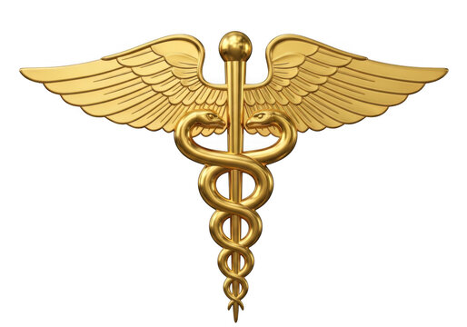 Golden caduceus symbol with wings and snakes, isolated on transparent background