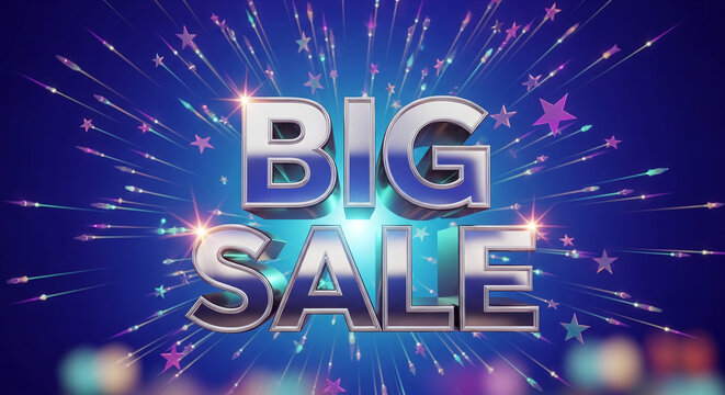 Image with metallic letters "Big Sale" on blue radial burst background with stars, representing promotion, discount, and offer for business purposes