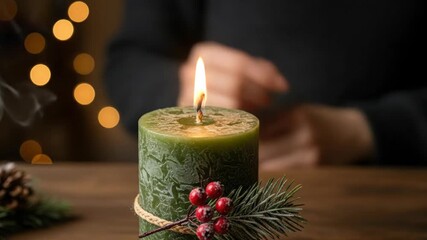 Woman lighting a green Christmas candle with a wooden table and festive decor for pagan Christmas celebration.
