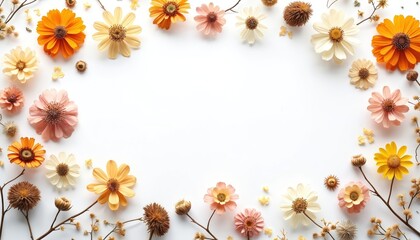 Pressed dried flowers in watercolor style on white background. Colorful floral composition with orange, pink, yellow and white flowers. Dried plant stems and blossoms arranged in decorative border.
