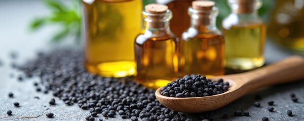 Black cumin seeds on wooden spoon scattered on grey surface. Various clear bottles of essential oil from black caraway visible. Healthy organic Nigella sativa spice food supplement for cooking,