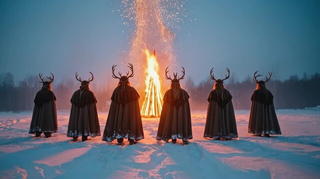 People in deer antler costumes stand before a bonfire in a snowy landscape for a pagan Christmas or Yule ritual celebration. Winter holiday season.