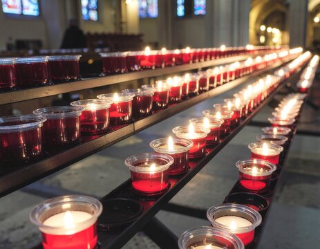burning red candles in church
