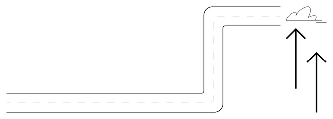 Road making a sharp turn paired with two upward arrows and a cloud symbolizing growth. Ideal for progress, transformation, goals, direction, adaptation, ambition, success. Simple flat metaphor