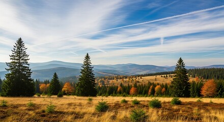 Expansive mountain landscape with autumn trees under a blue sky.