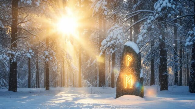 Winter forest with glowing rune stone. Pagan Yule light rays on snowy trees for Yuletide ceremony. Seasonal Nordic nature magic concept.